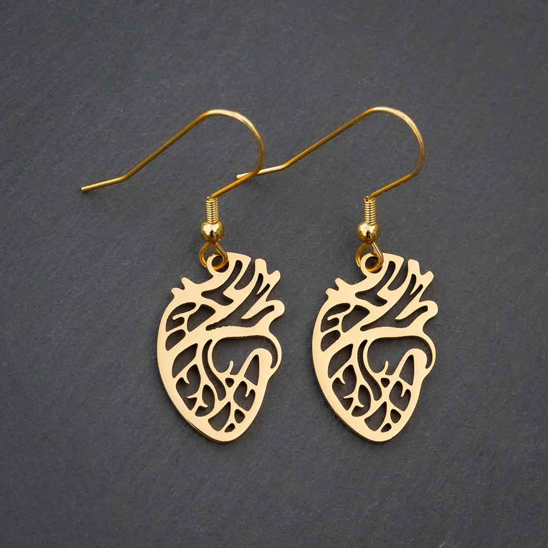 Anatomical Heart Earrings in gold colored steel. Anatomically correct, they make a unique science jewelry gift!
