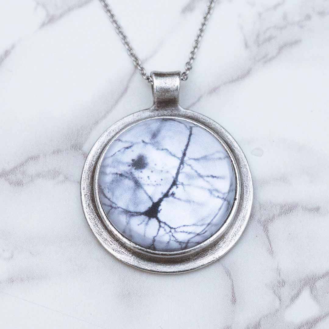 Neuron necklace: science jewelry for biology and neuroscience. Great gift for teachers, biologists, nurses, and neuroscientists. Pyramidal neuron under a glass dome with a steel chain.