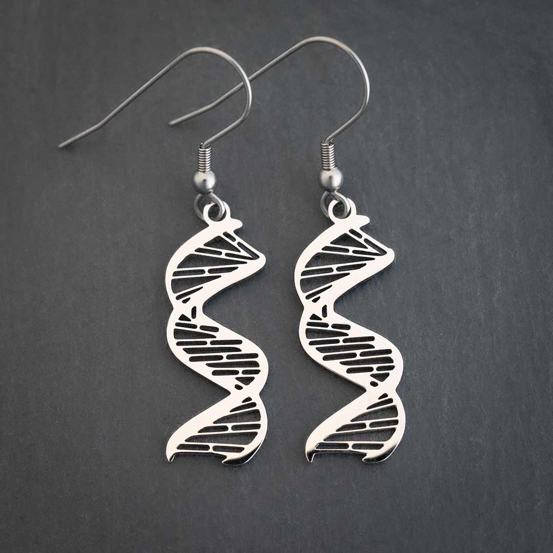 DNA earrings, complete with major and minor grooves and base pairing. Beautiful science jewelry for a biologist or science student or teacher.
