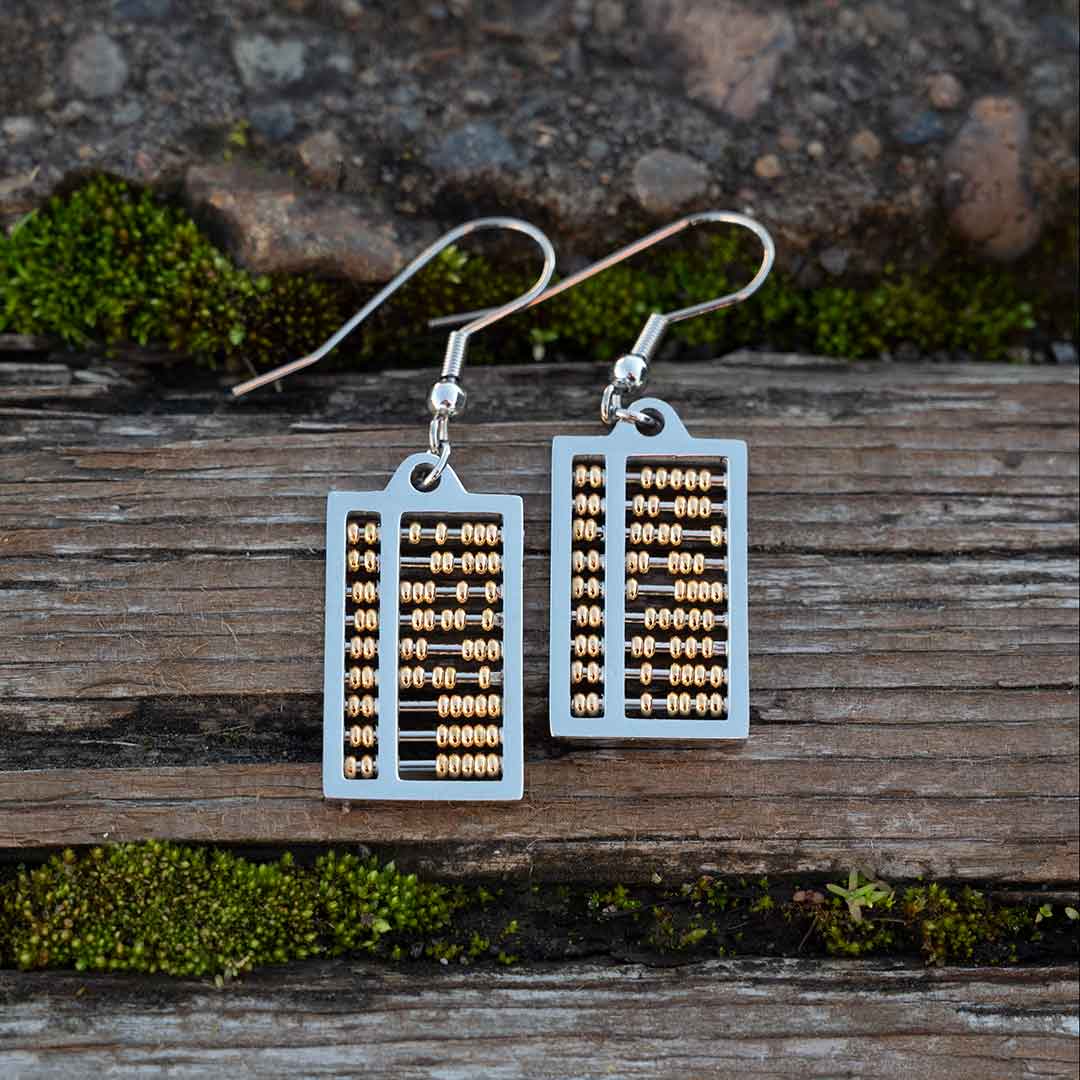 Abacus Earrings with moving gold beads. Great science jewelry gift for a mathematician, math teacher, or student! Each abacus measures 20 mm long, 12 mm wide and is made from steel with moving gold beads on surgical steel ear hooks.