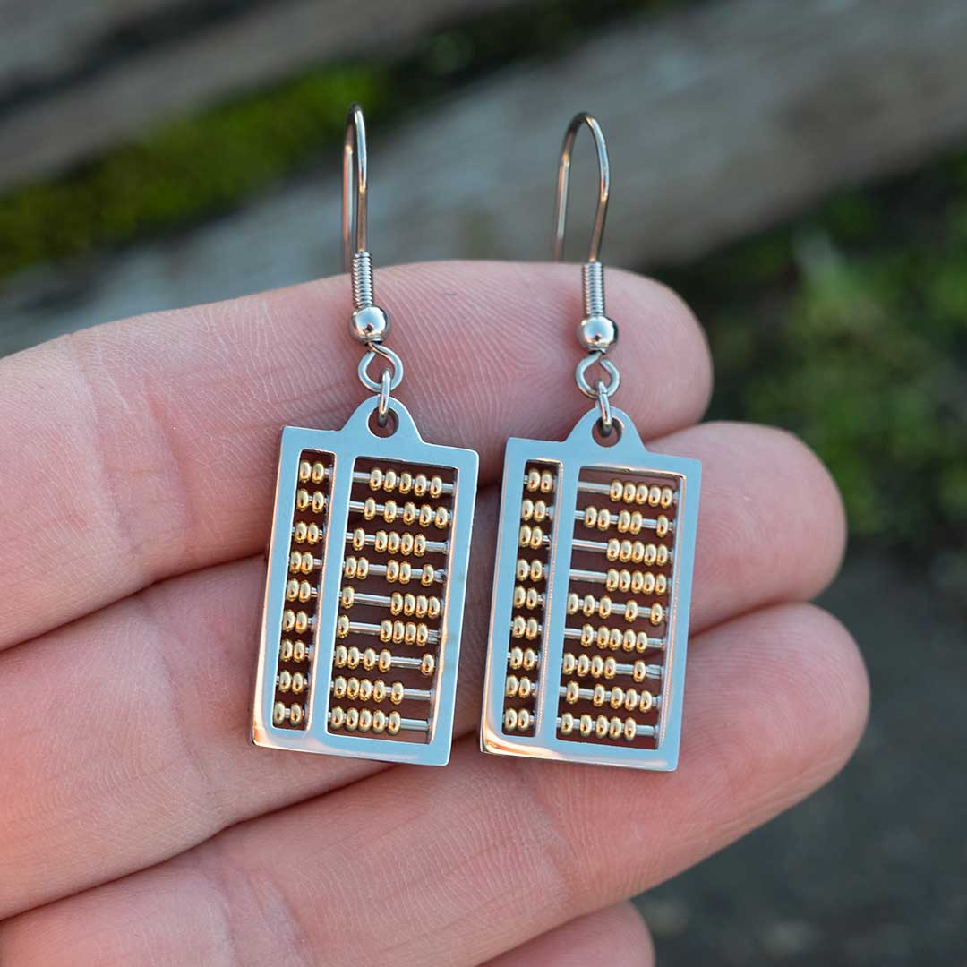 Abacus Earrings with moving gold beads. Great science jewelry gift for a mathematician, math teacher, or student! Each abacus measures 20 mm long, 12 mm wide and is made from steel with moving gold beads on surgical steel ear hooks.