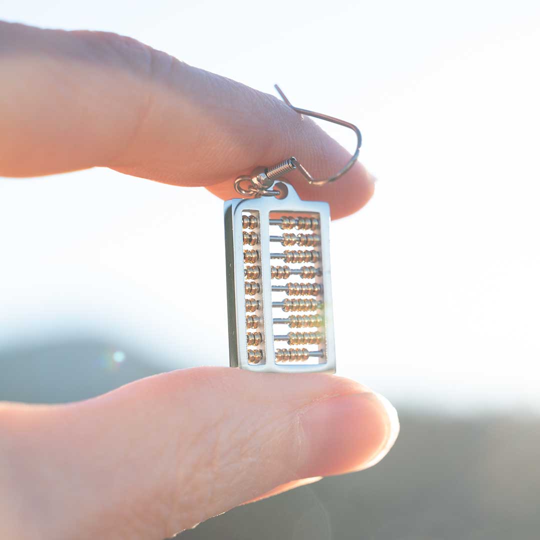 Abacus Earrings with moving gold beads. Great science jewelry gift for a mathematician, math teacher, or student! Each abacus measures 20 mm long, 12 mm wide and is made from steel with moving gold beads on surgical steel ear hooks.