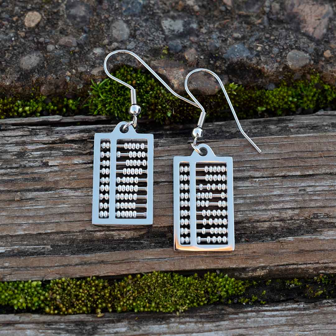 Abacus Earrings with moving steel beads. Great science jewelry gift for a mathematician, math teacher, or student! Each abacus measures 20 mm long, 12 mm wide and is made from steel with moving steel beads on surgical steel ear hooks.
