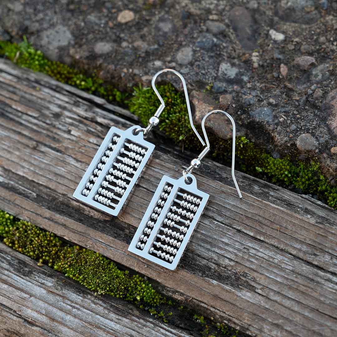 Abacus Earrings with moving steel beads. Great science jewelry gift for a mathematician, math teacher, or student! Each abacus measures 20 mm long, 12 mm wide and is made from steel with moving steel beads on surgical steel ear hooks.