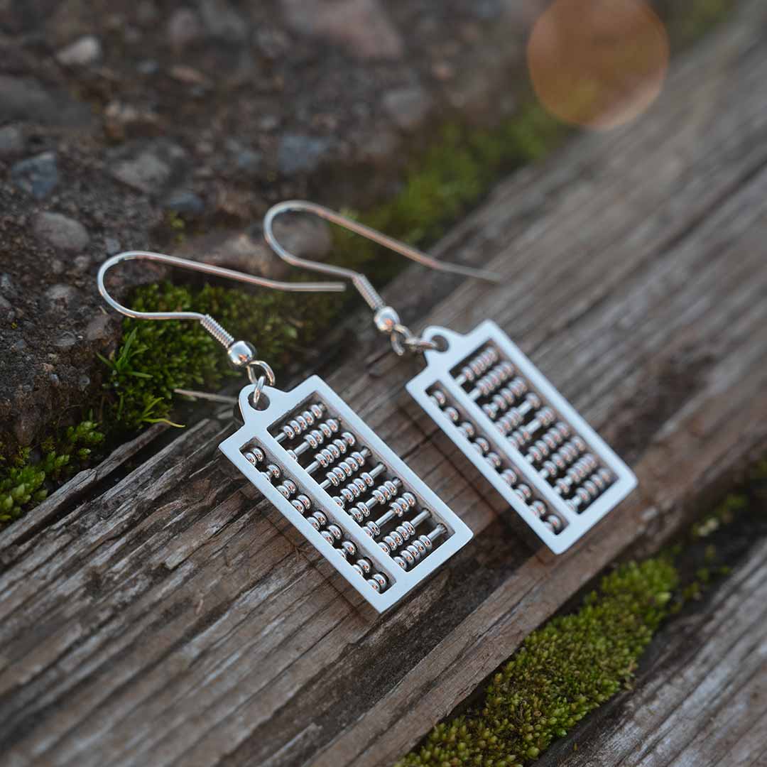 Abacus Earrings with moving steel beads. Great science jewelry gift for a mathematician, math teacher, or student! Each abacus measures 20 mm long, 12 mm wide and is made from steel with moving steel beads on surgical steel ear hooks.