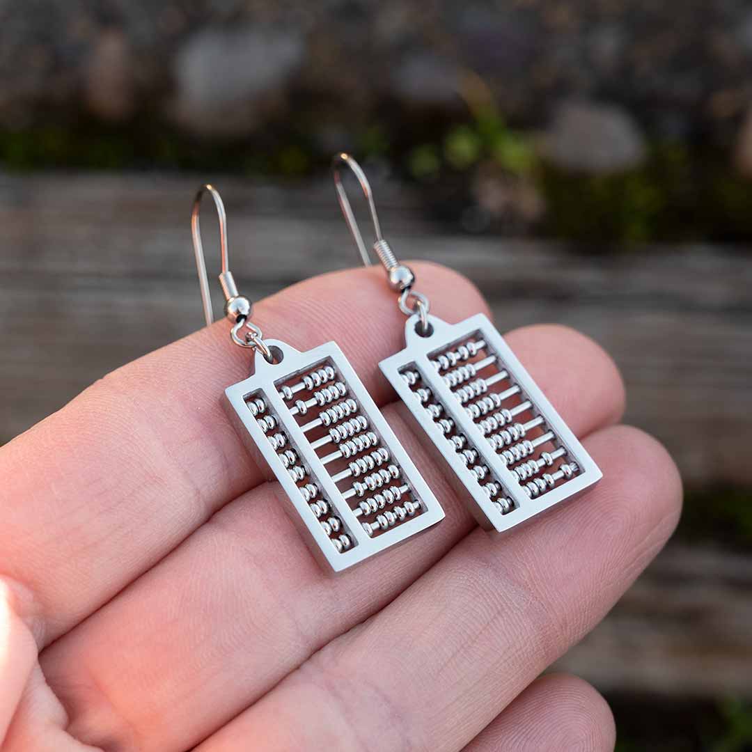 Abacus Earrings with moving steel beads. Great science jewelry gift for a mathematician, math teacher, or student! Each abacus measures 20 mm long, 12 mm wide and is made from steel with moving steel beads on surgical steel ear hooks.