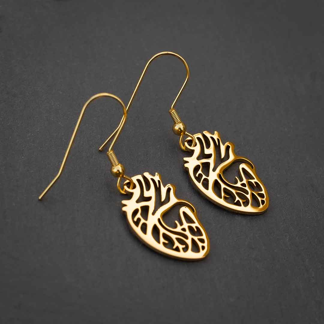 Anatomical Heart Earrings in gold colored steel. Anatomically correct, they make a unique science jewelry gift!