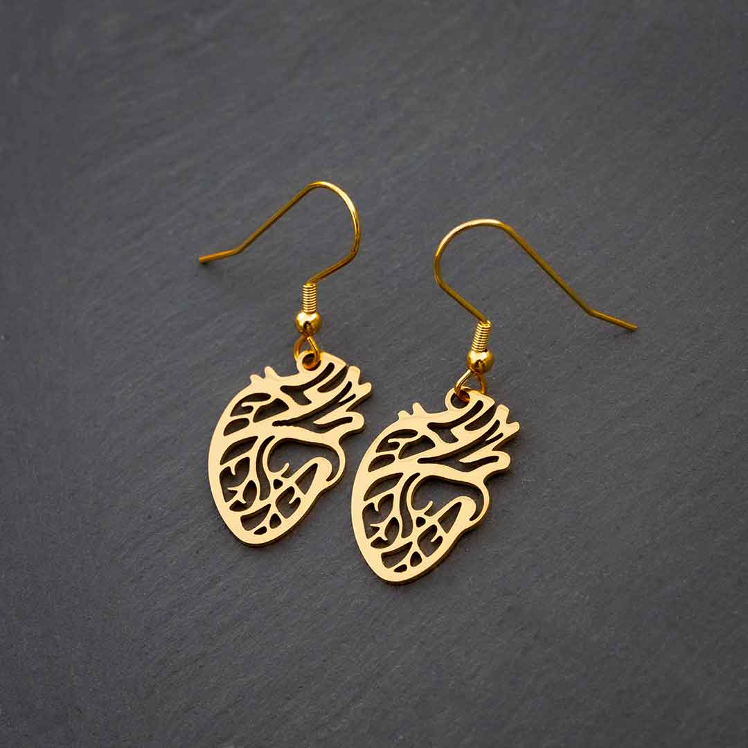 Anatomical Heart Earrings in gold colored steel. Anatomically correct, they make a unique science jewelry gift!