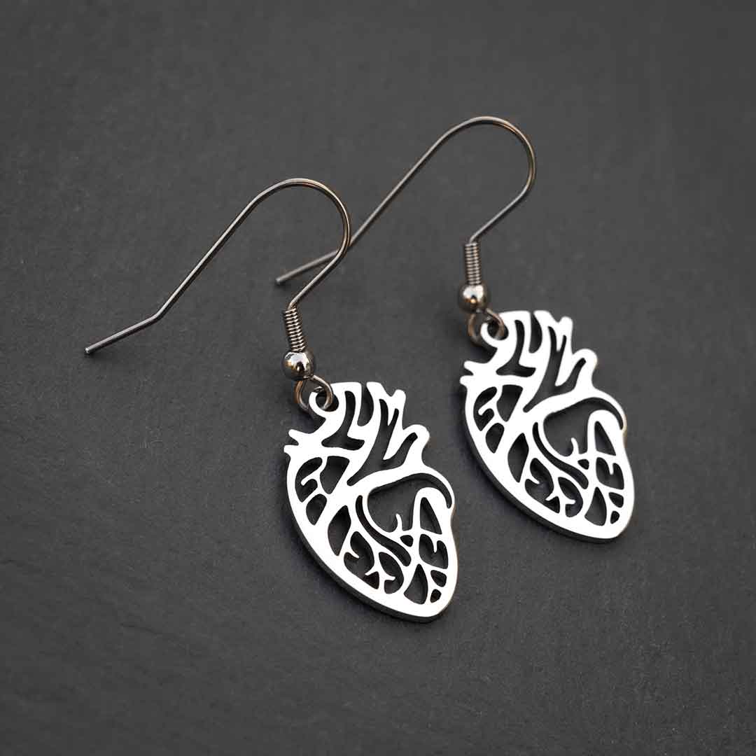 Anatomical Heart Earrings in silver colored steel. Anatomically correct, they make a unique science jewelry gift!