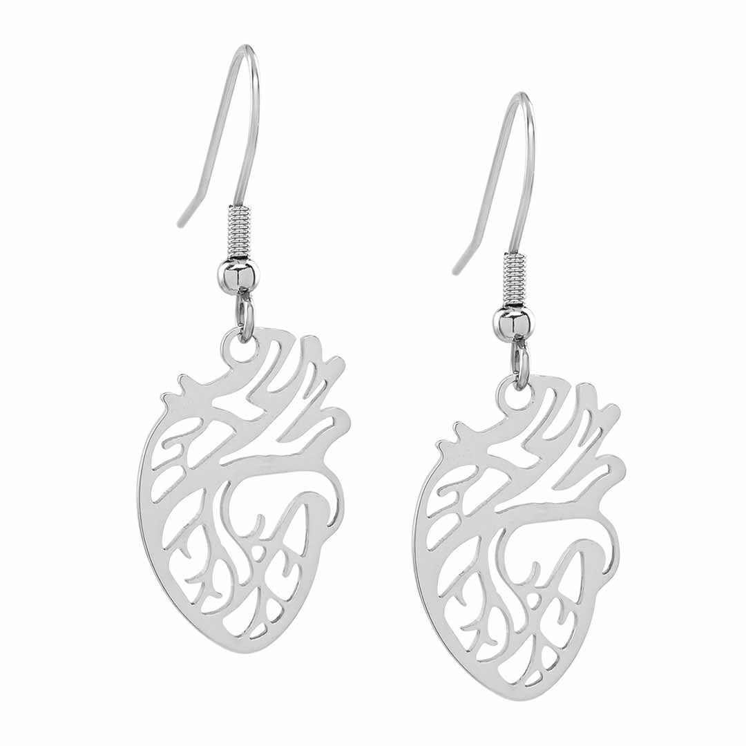 Anatomical Heart Earrings in silver colored steel. Anatomically correct, they make a unique science jewelry gift!