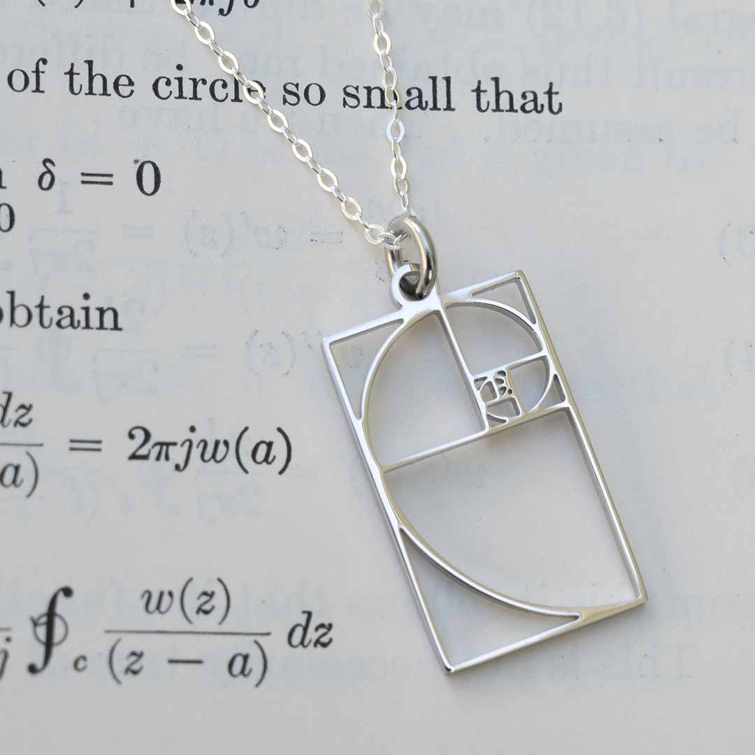 Fibonacci Spiral Necklace, based on the golden ratio. Great math jewelry for a student or teacher in mathematics.