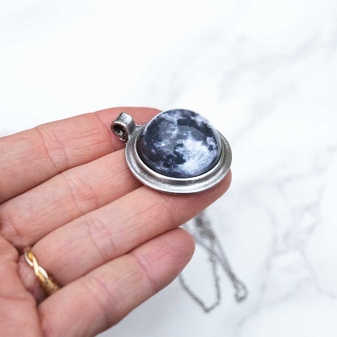 Moon Necklace - space science jewelry for astronomy. Great gift for an astronomer, star gazer, science teacher, or lunar observer. The pendant is an image of the moon, encased in a glass dome.