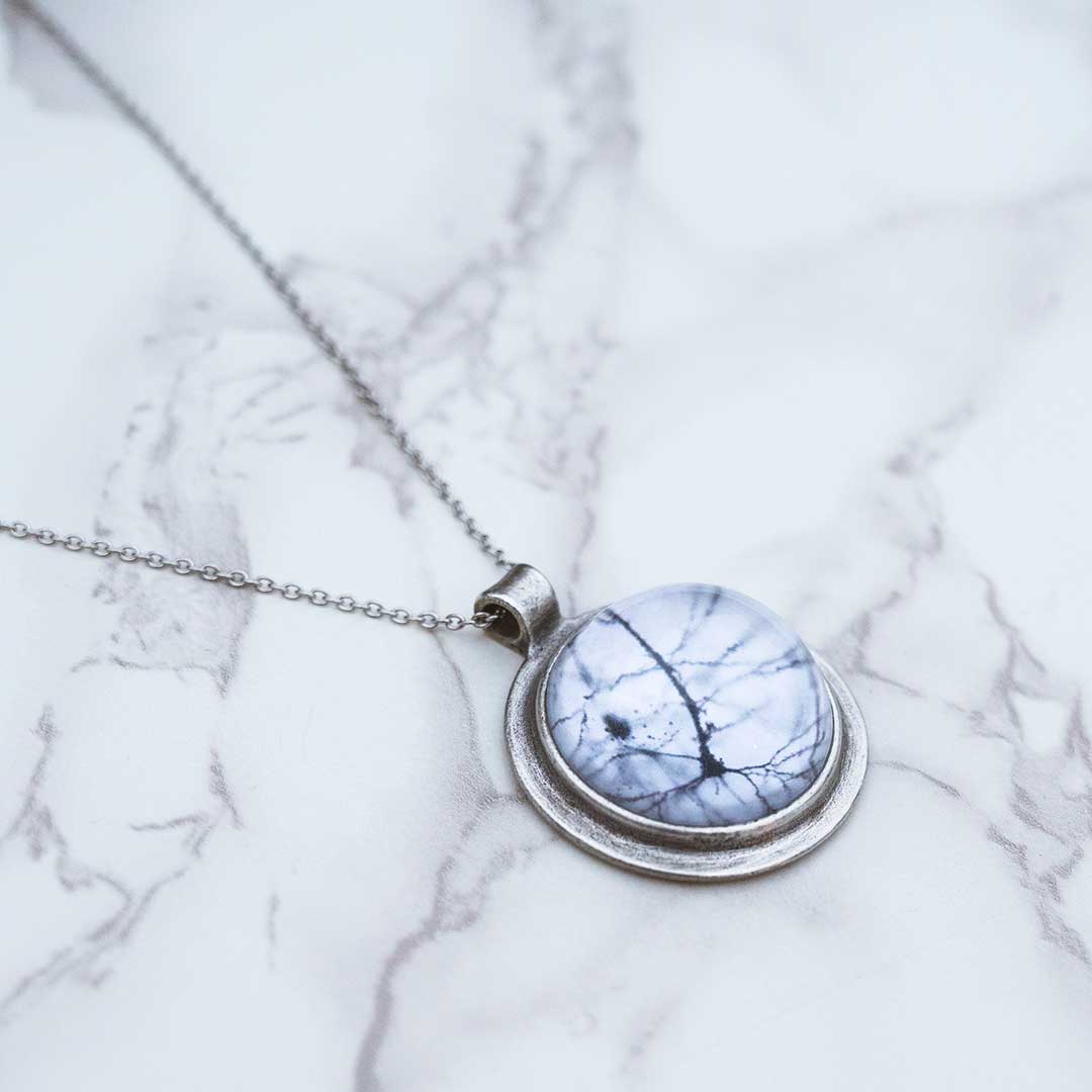 Neuron necklace: science jewelry for biology and neuroscience. Great gift for teachers, biologists, nurses, and neuroscientists. Pyramidal neuron under a glass dome with a steel chain.