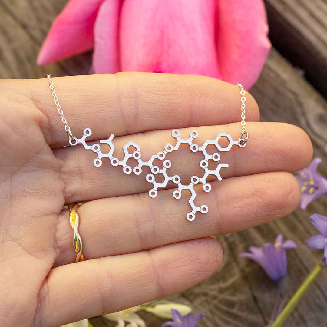 Oxytocin necklace with sterling silver chain -- a wonderful science jewelry gift for mothers, breastfeeding advocates, midwives, doulas, obstetricians, and sweethearts. Oxytocin is a social bonding hormone that facilitates childbirth, love, and friendship.