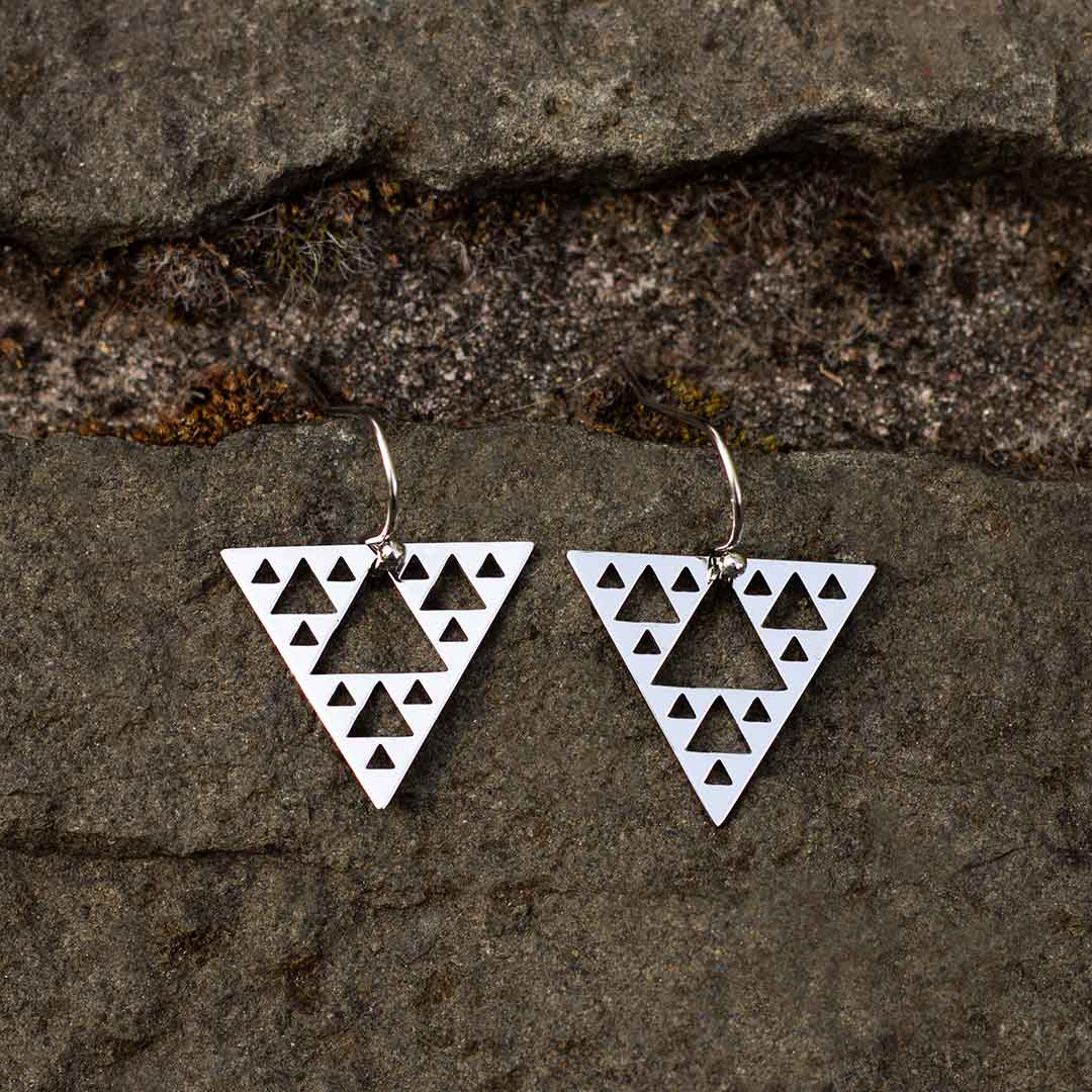 Sierpinski Triangle Earrings - silver steel version (pointing down) - math &amp; science jewelry gift for mathematics students and teachers