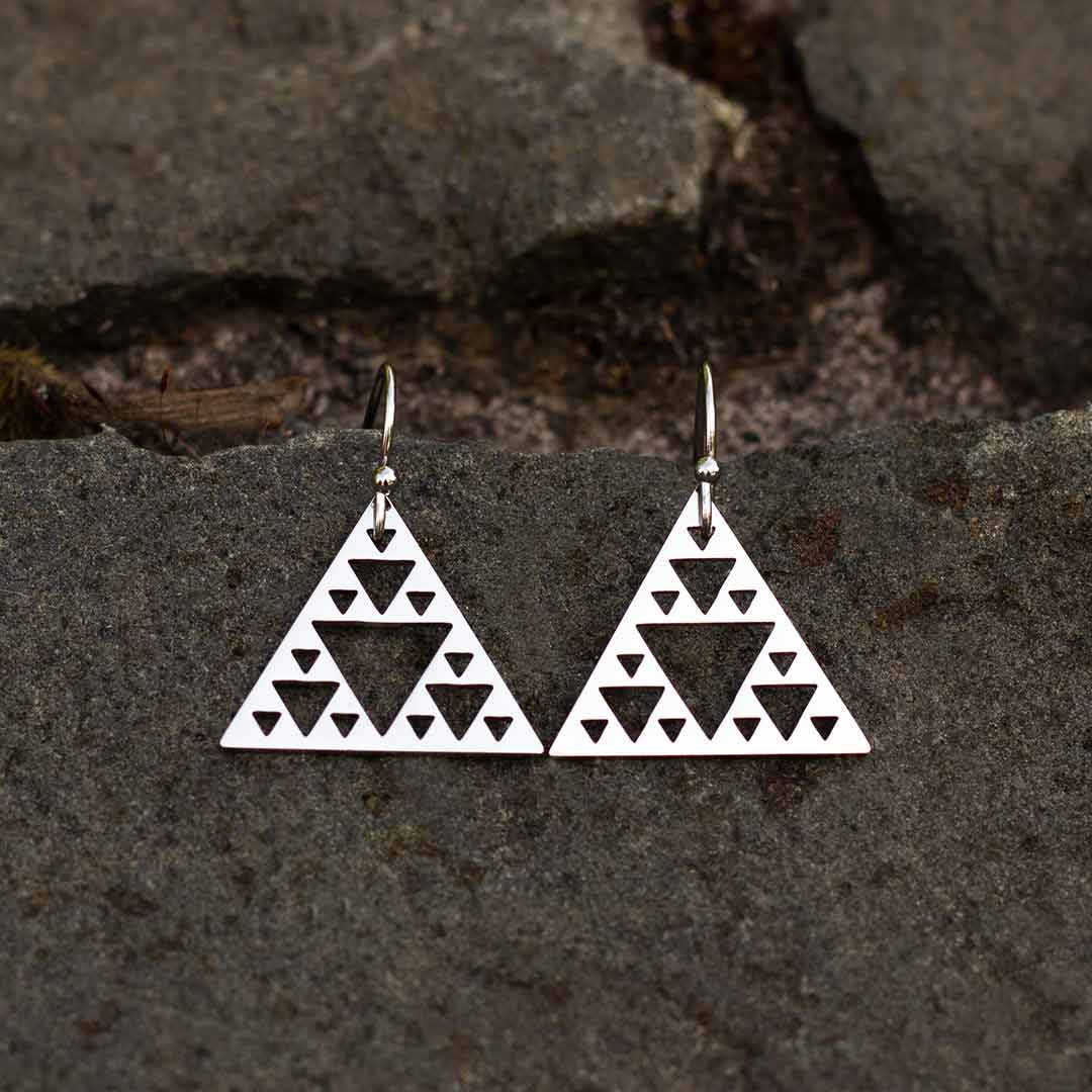 Sierpinski Triangle Earrings - silver steel version (pointing up) - math &amp; science jewelry gift for mathematics students and teachers