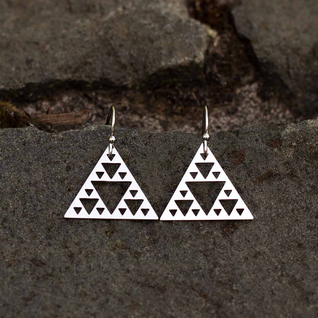 Sierpinski Triangle Earrings - silver steel version (pointing up) - math & science jewelry gift for mathematics students and teachers