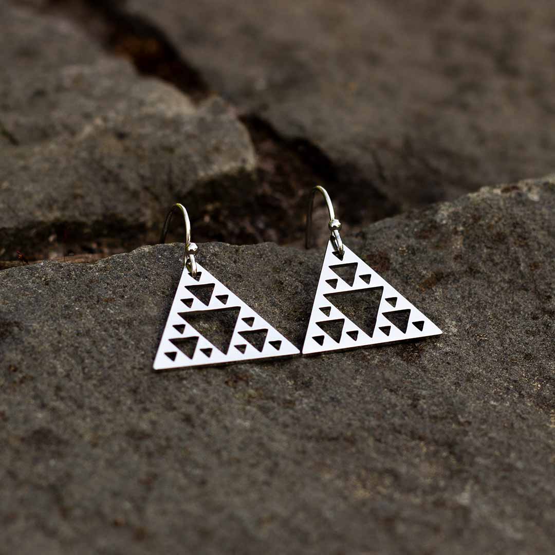 Sierpinski Triangle Earrings - silver steel version (pointing up) - math &amp; science jewelry gift for mathematics students and teachers