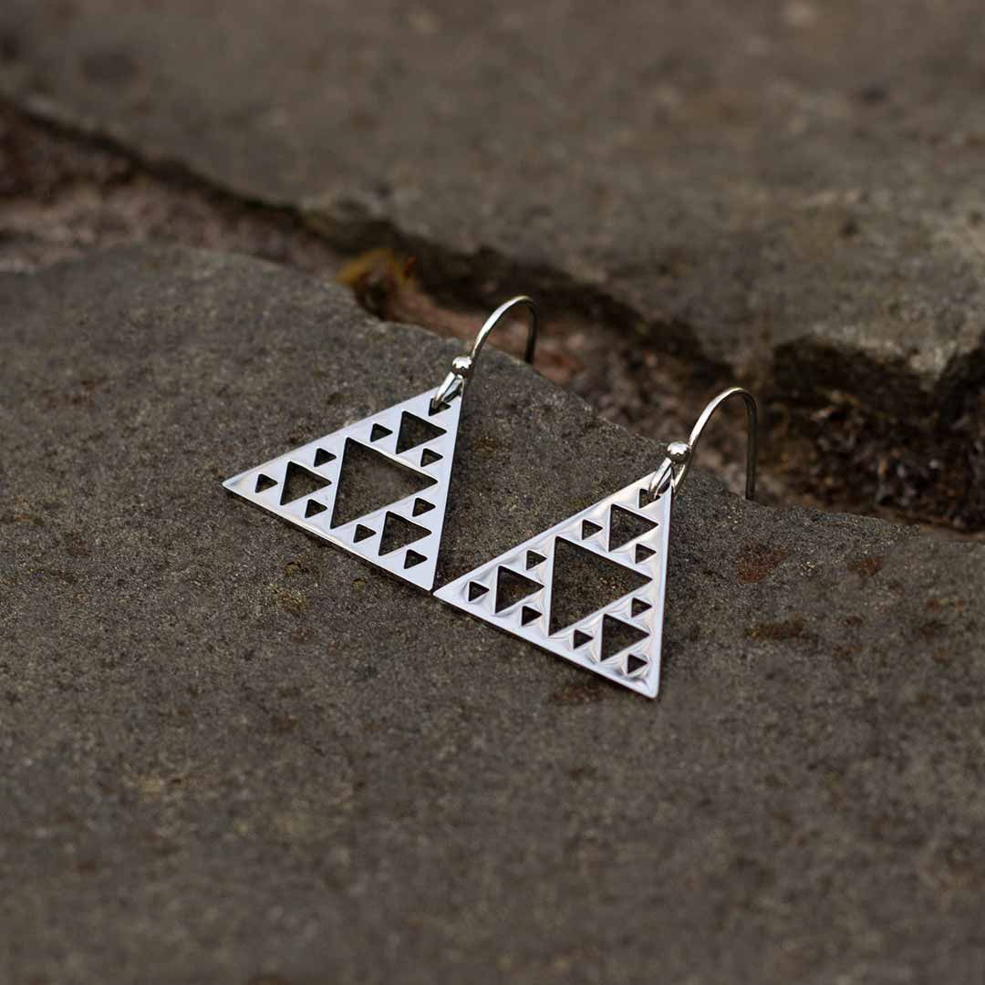 Sierpinski Triangle Earrings - silver steel version (pointing up) - math &amp; science jewelry gift for mathematics students and teachers