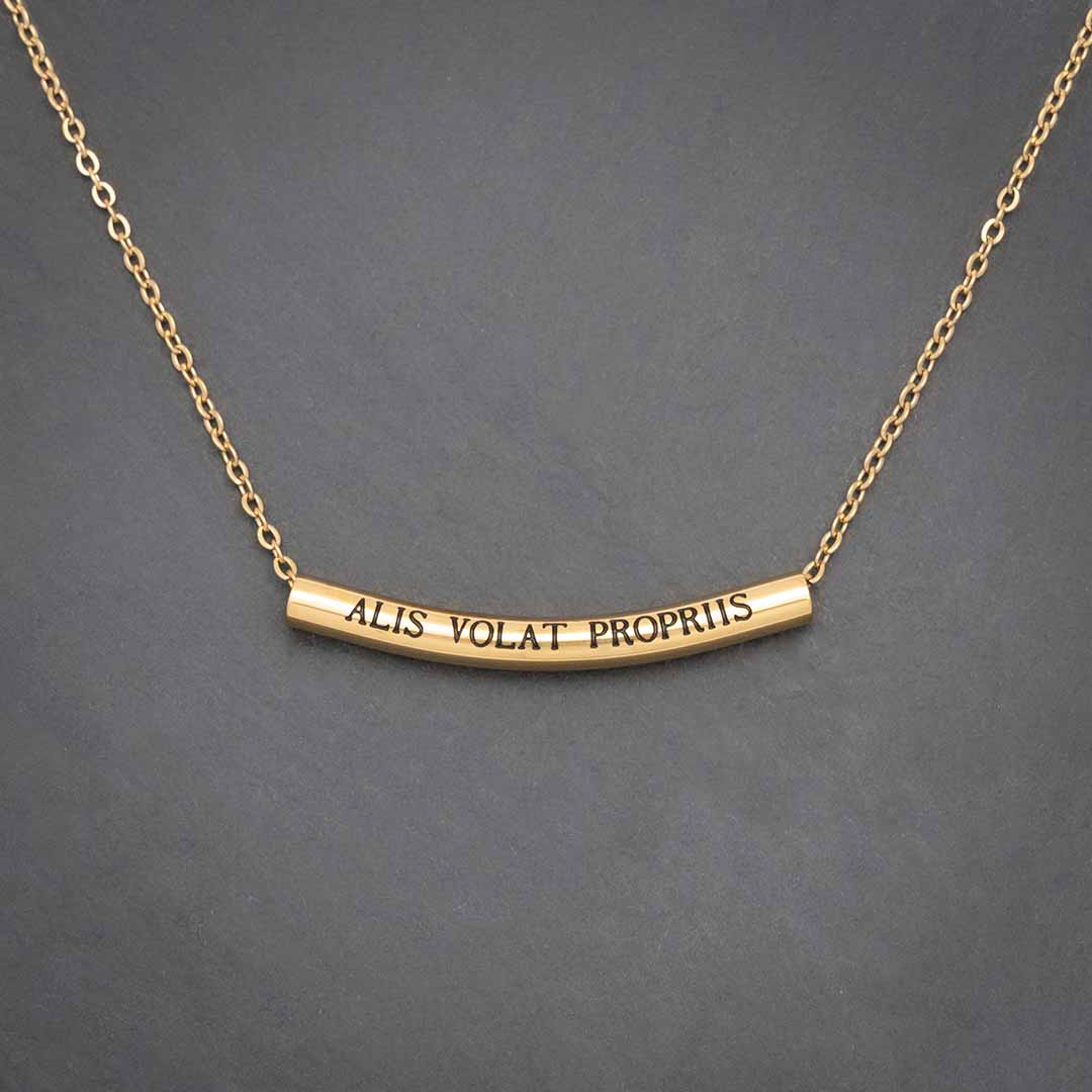 “ALIS VOLAT PROPRIIS” necklace - Elegant science jewelry gift for smart, strong, determined women. Latin phrase translates to "she flies with her own wings." 