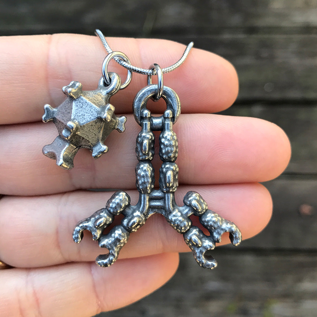 Antibody and Virus Necklace - Perfect science jewelry gift for biologists, researchers, immunologists, doctors, nurses, med students, and science lovers. Beautifully detailed antibody and virus pendants actually fit together in the antigen binding site and are pewter cast from hand-carved models with details of amino acid chains, regions, and disulfide bonds. The larger piece is about 1.5 inches at its widest point. Pendants are on an 18 inch steel snake chain.