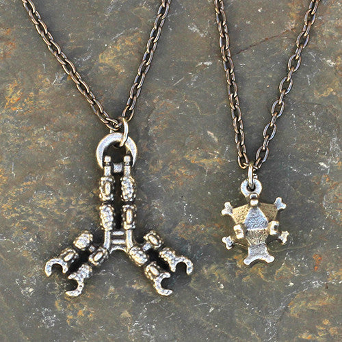 Antibody and Virus Necklace - Perfect science jewelry gift for biologists, researchers, immunologists, doctors, nurses, med students, and science lovers. Beautifully detailed antibody and virus pendants actually fit together in the antigen binding site and are pewter cast from hand-carved models with details of amino acid chains, regions, and disulfide bonds. The larger piece is about 1.5 inches at its widest point. Pendants are on separate 18 or 32 inch gunmetal chain.