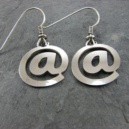@ sign earrings - perfect science jewelry gift for computer and technology teachers and students, web designers, and internet users. Made from rhodium plated brass on stainless steel ear hooks.