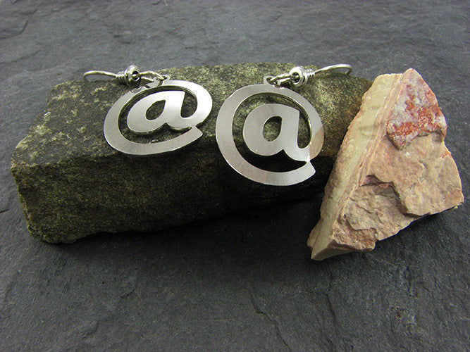 @ sign earrings - perfect science jewelry gift for computer and technology teachers and students, web designers, and internet users. Made from rhodium plated brass on stainless steel ear hooks.