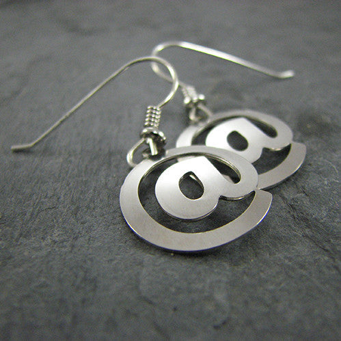 @ sign earrings - perfect science jewelry gift for computer and technology teachers and students, web designers, and internet users. Made from rhodium plated brass on stainless steel ear hooks.
