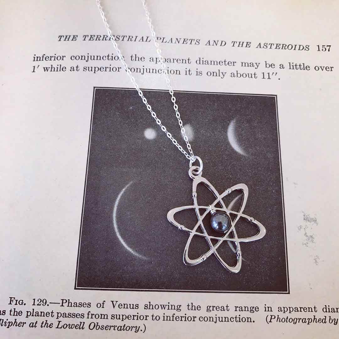 Atomic Science Necklace - physics and chemistry jewelry, great gift for a scientist, teacher, physicist, or chemist. 