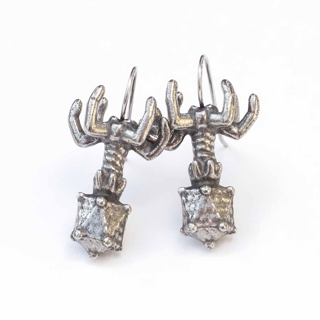 Pewter bacteriophage (phage) earrings on surgical steel hooks against a white background. Great science jewelry gift for biologists, science teachers, biology majors, and researchers.