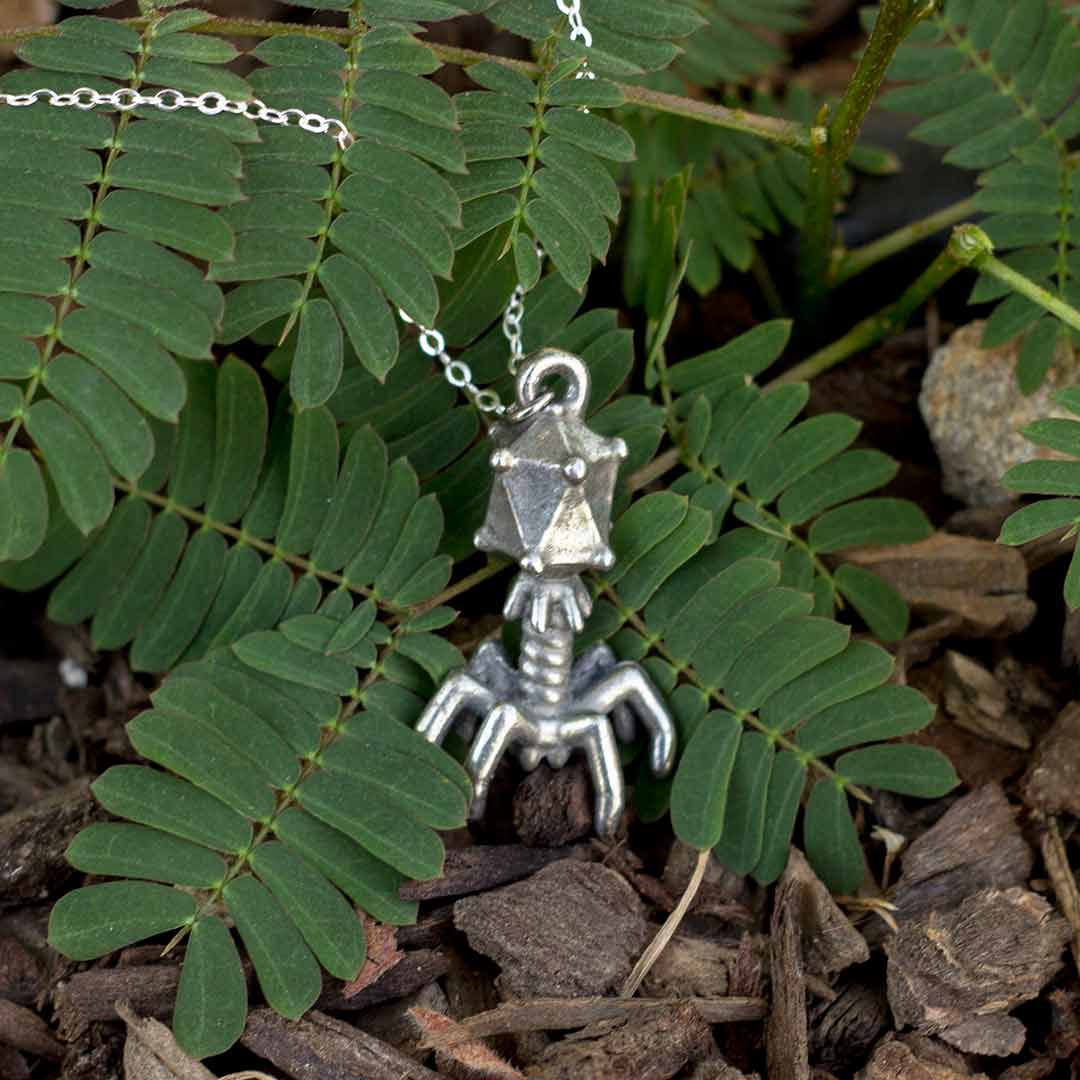Bacteriophage Necklace - sterling silver chain / Science jewelry for biology students, biologists, and teachers