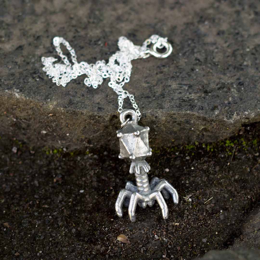 Bacteriophage Necklace - sterling silver chain / Science jewelry for biology students, biologists, and teachers