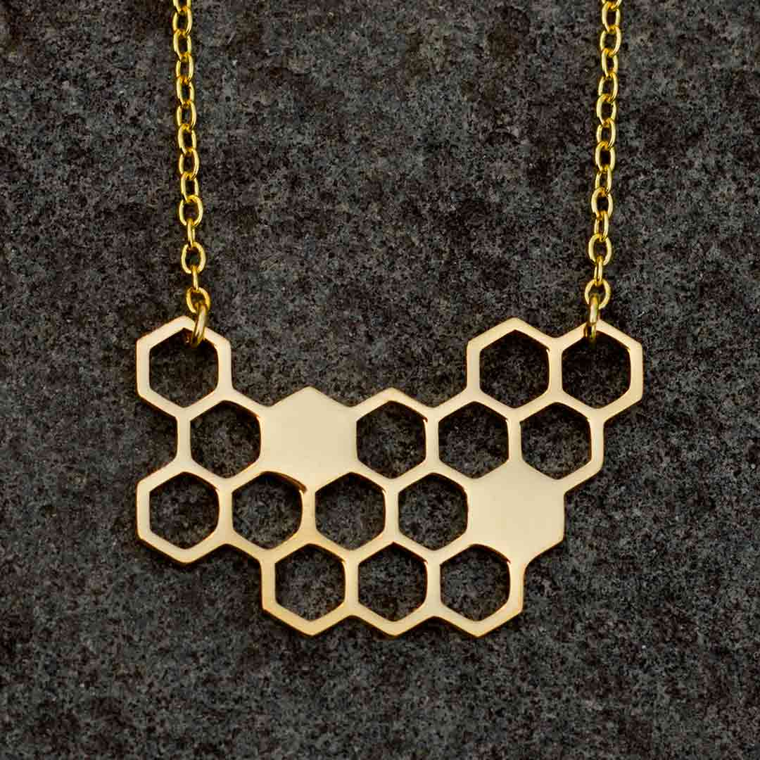 Honeycomb Necklace - science jewelry for bee lovers, gardeners, and biologists - gold
