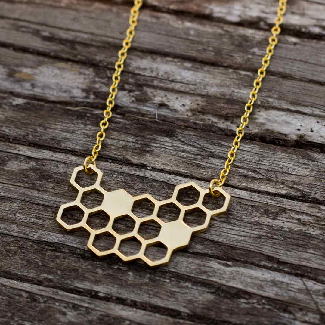Honeycomb Necklace - science jewelry for bee lovers, gardeners, and biologists - gold
