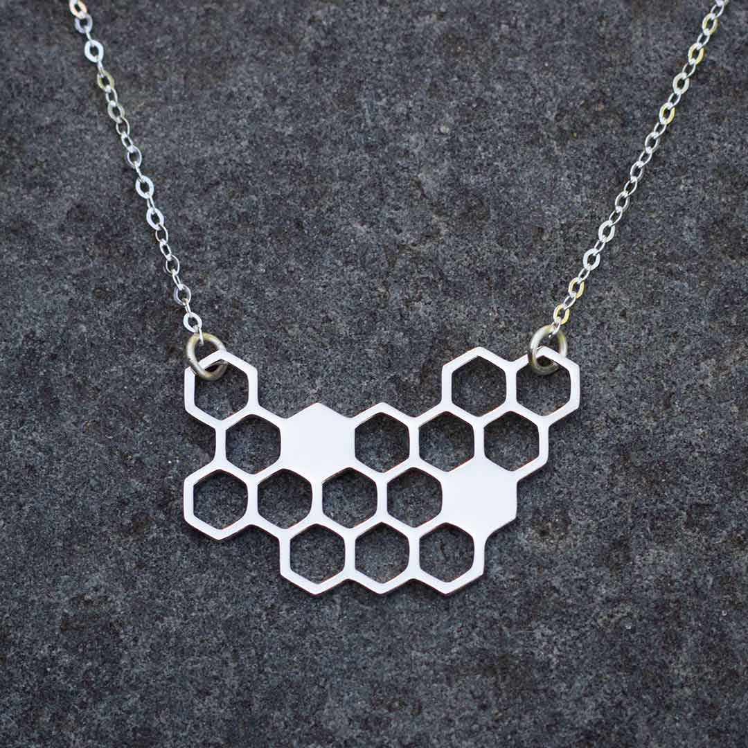 Honeycomb Necklace - science jewelry for bee lovers, gardeners, and biologists - silver