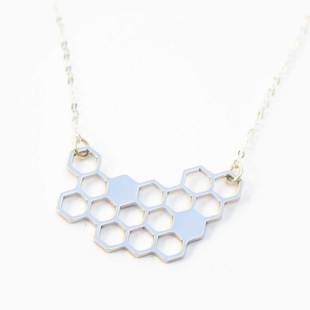 Honeycomb Necklace - science jewelry for bee lovers, gardeners, and biologists - silver