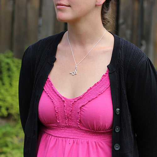Neurotransmitter molecule serotonin necklace. Biology science jewelry that makes a great gift for a scientist, student, or teacher.
