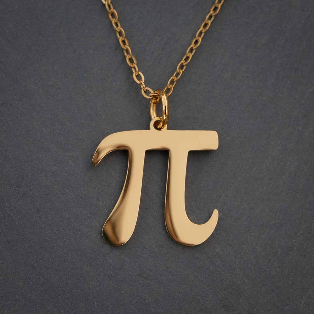Pi Necklace - math jewelry using the pi symbol. Great gift for a student or teacher of mathematics. Gold steel on a gold plated chain..