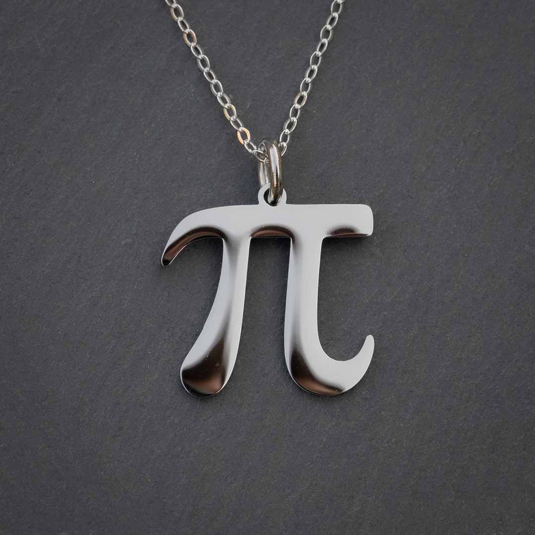 Pi Necklace - math jewelry using the pi symbol. Great gift for a student or teacher of mathematics. Silver steel on a sterling silver chain.