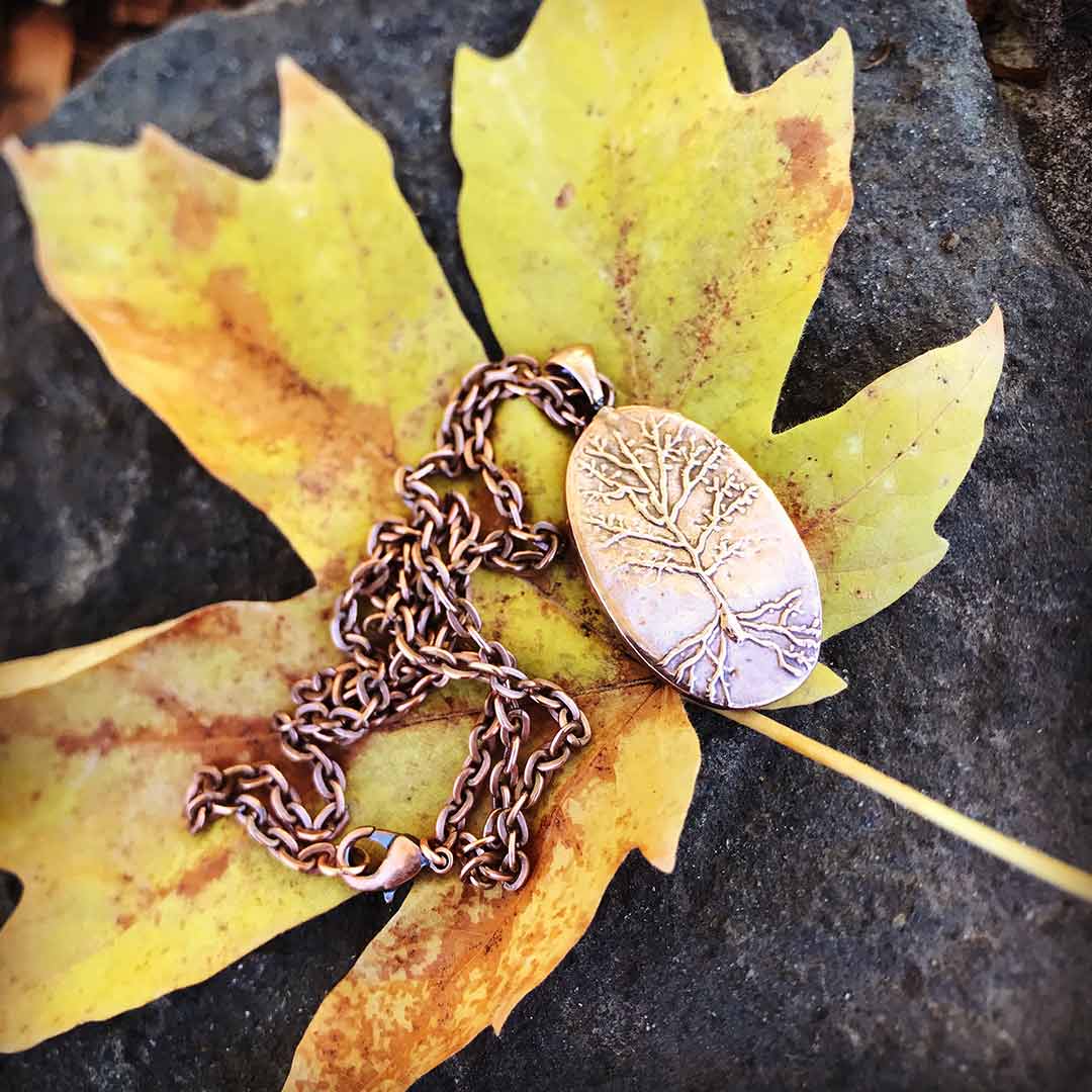 Neuron necklace: science jewelry for biology and neuroscience. Great gift for teachers, biologists, nurses, and neuroscientists. Hand worked and kiln-fired copper pyramidal neurons on an 18 inch copper chain.