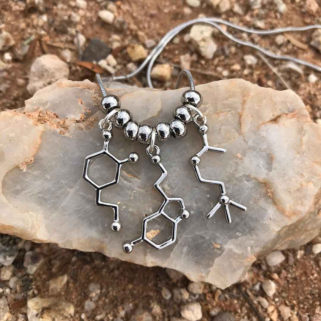 Neurotransmitter molecule necklace that includes dopamine, serotonin, and acetylcholine. Beautiful science jewelry and great gift for a teacher, scientist, or biology student.