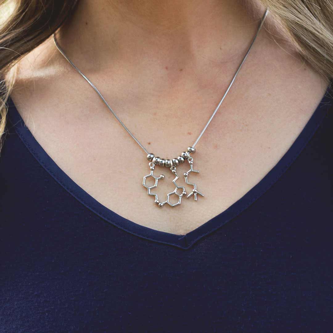 Neurotransmitter molecule necklace that includes dopamine, serotonin, and acetylcholine. Beautiful science jewelry and great gift for a teacher, scientist, or biology student.