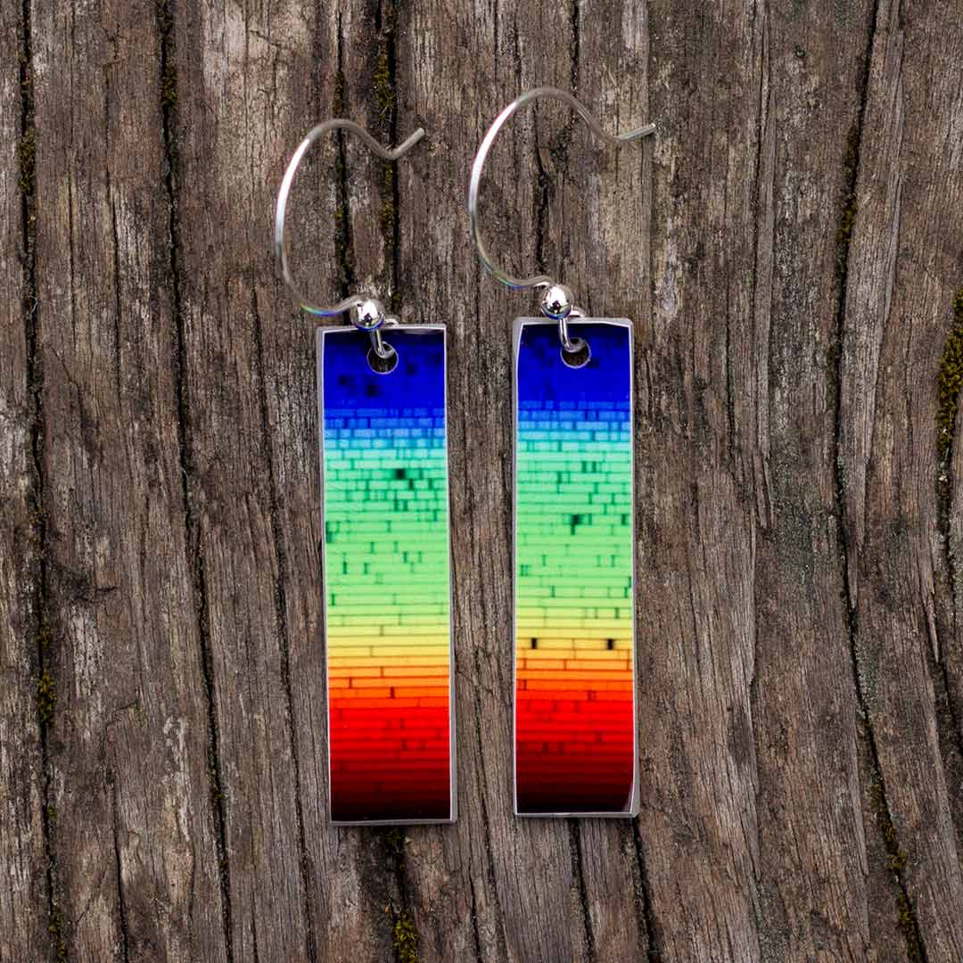 Solar spectrum earrings - science jewelry for astronomers, astronomy students, and space science enthusiasts.