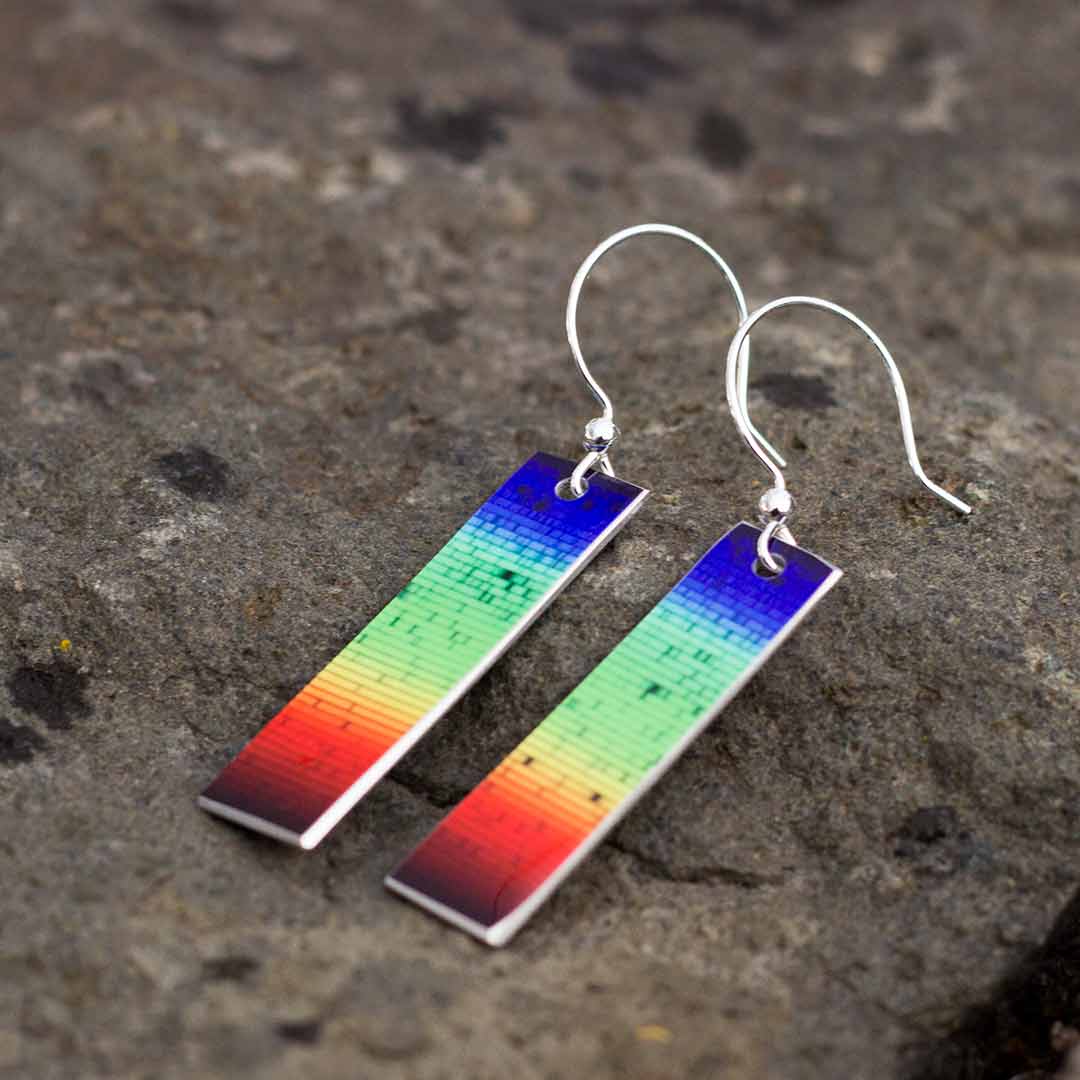 Solar spectrum earrings - science jewelry for astronomers, astronomy students, and space science enthusiasts.