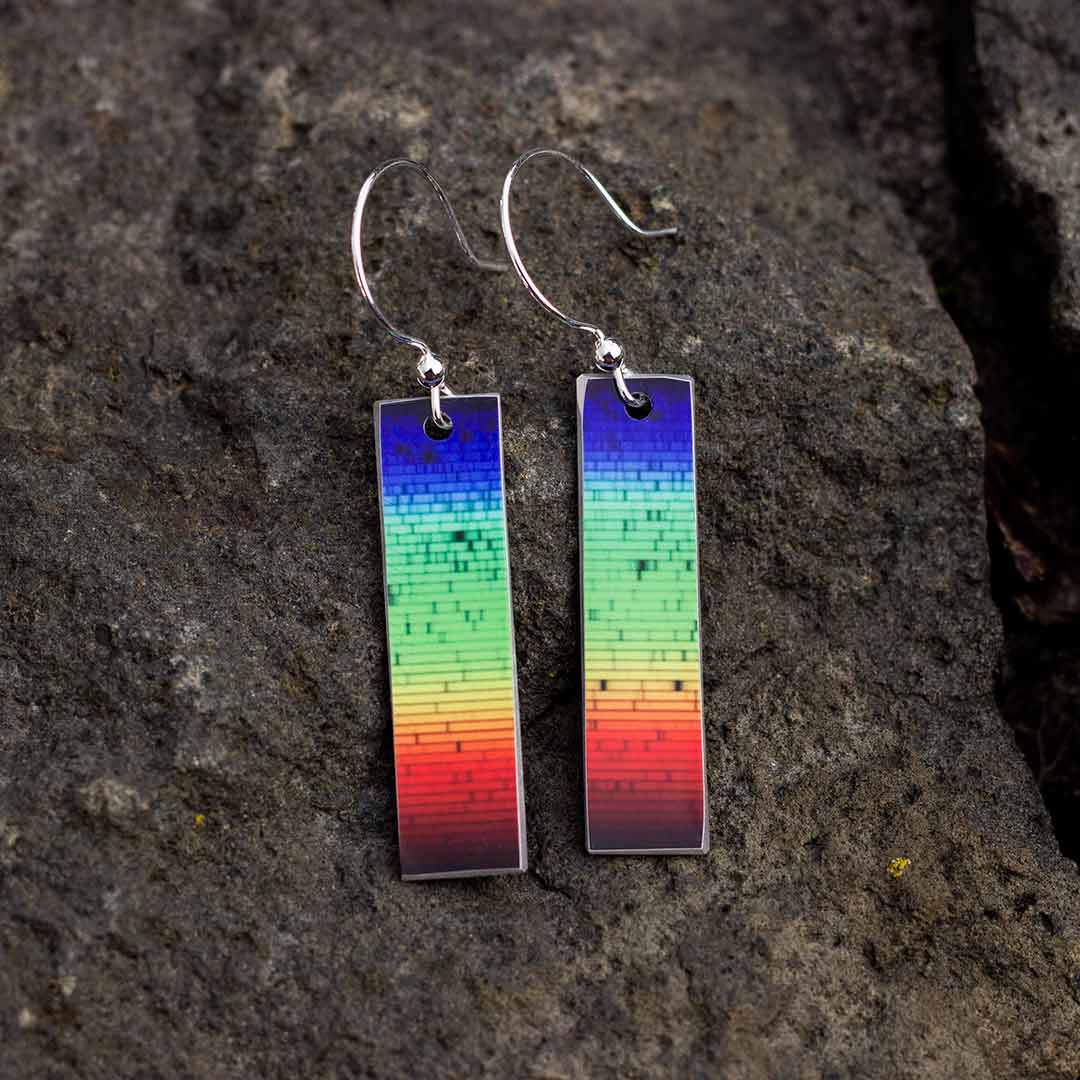 Solar spectrum earrings - science jewelry for astronomers, astronomy students, and space science enthusiasts.