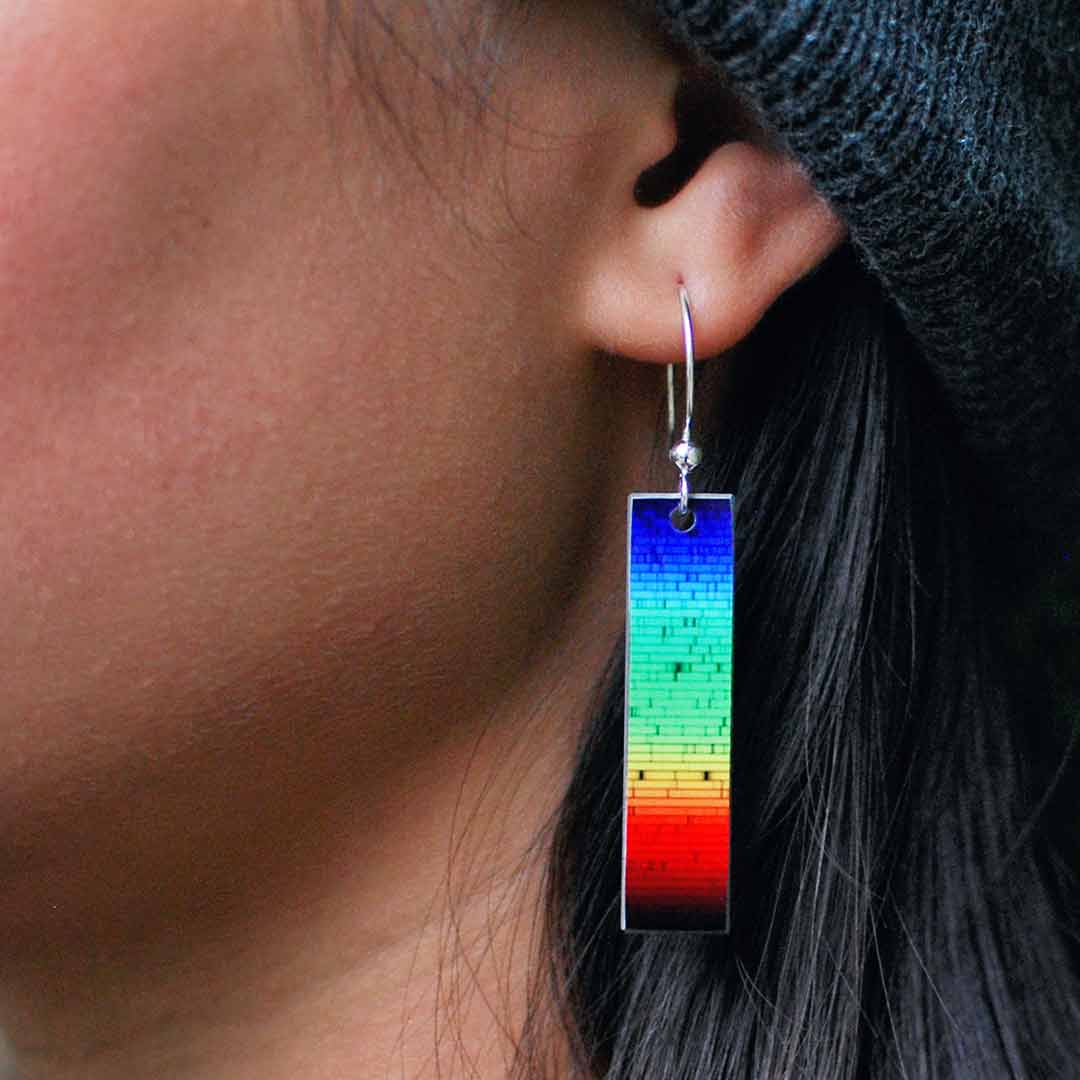 Solar spectrum earrings - science jewelry for astronomers, astronomy students, and space science enthusiasts.
