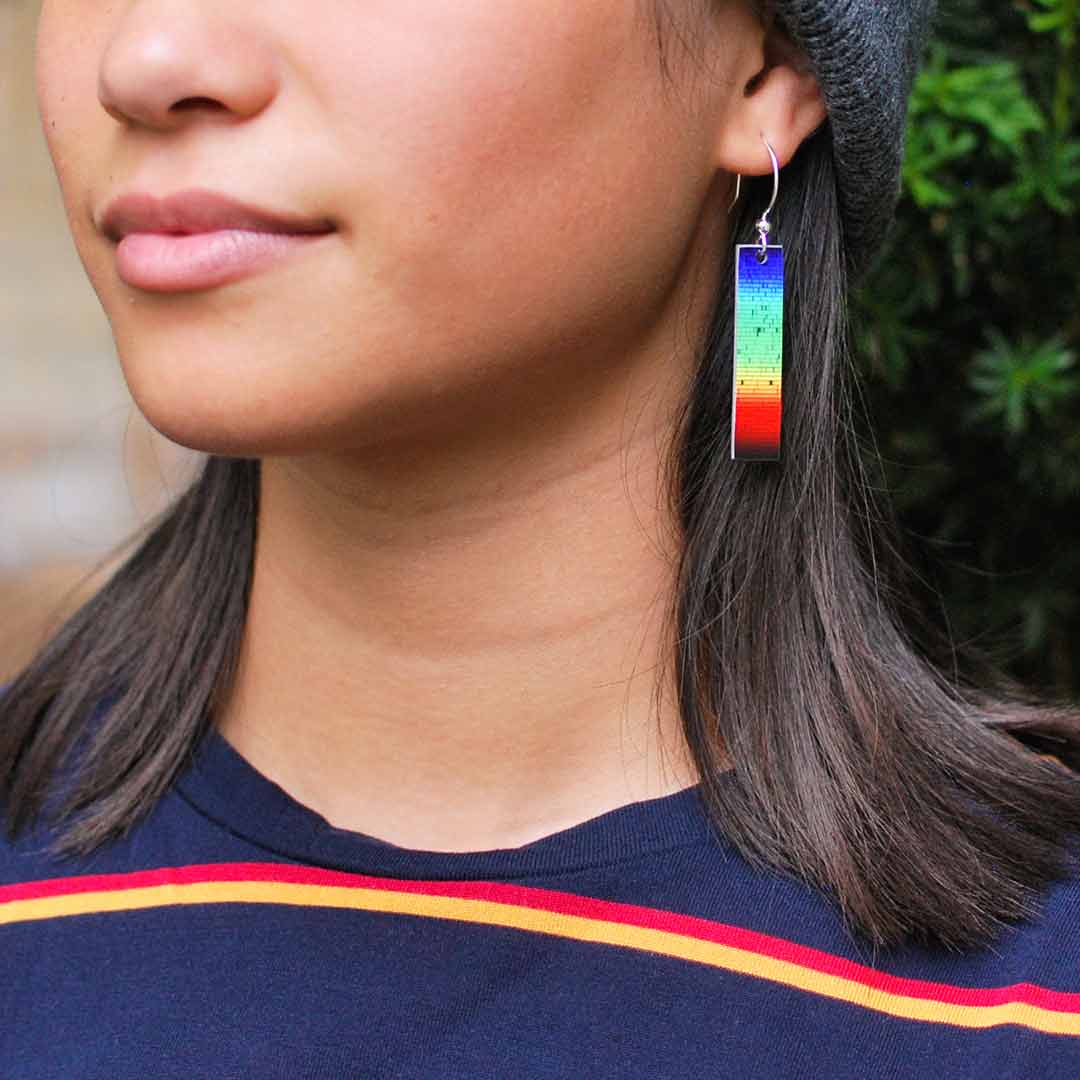 Solar spectrum earrings - science jewelry for astronomers, astronomy students, and space science enthusiasts.
