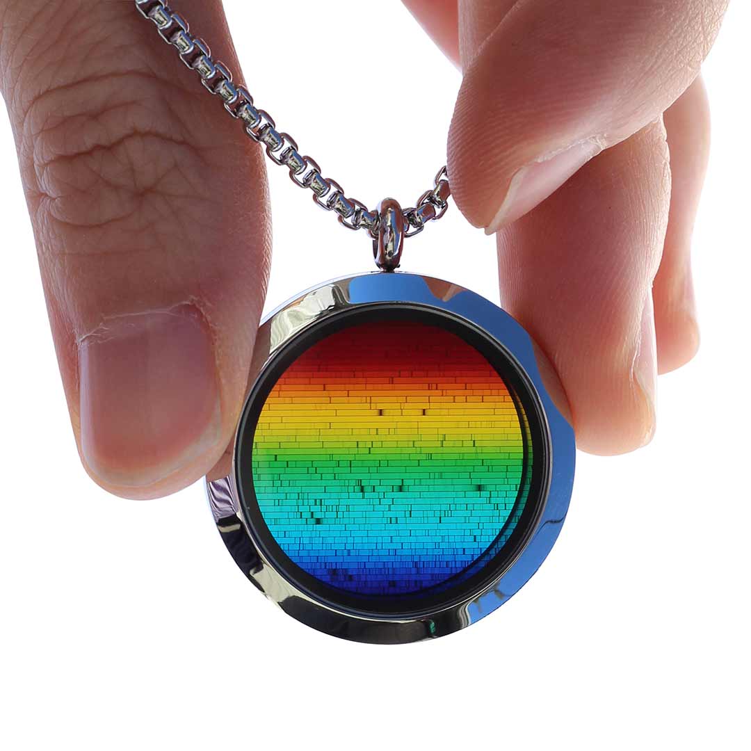 Solar spectrum necklace - science jewelry for astronomers, science teachers, star gazers, astronomy enthusiasts, and LGBT+ advocates.