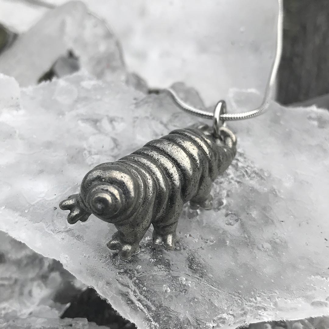 Vertical tardigrade &amp; steel snake chain - tardigrade necklace